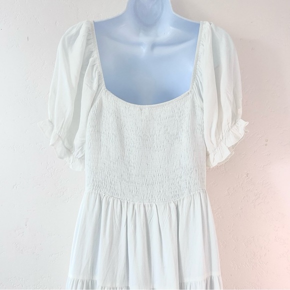 ANRABESS White Tiered Smocked Bodice Peasant Maxi Dress Size L Puff Sleeve Boho - Picture 7 of 14